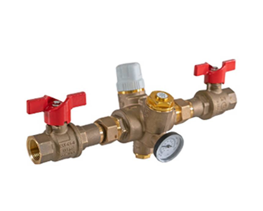 tb-130mg - Bronze plumbing valve assembly with red handles, pressure gauge, and adjustment knob, used for water flow control; industrial and functional tone.