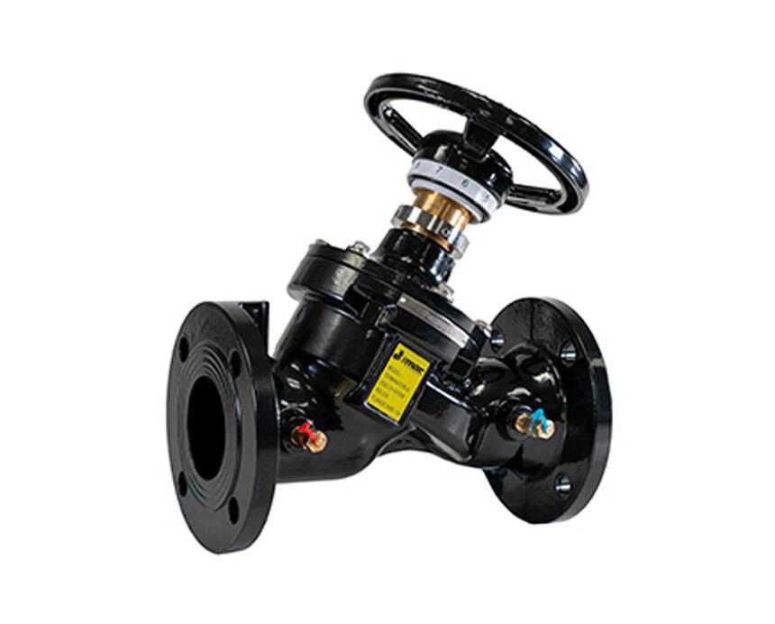 tg-ff - Black industrial valve with a round handle and flanged ends, isolated on a white background. It appears robust, conveying a sense of precision engineering.