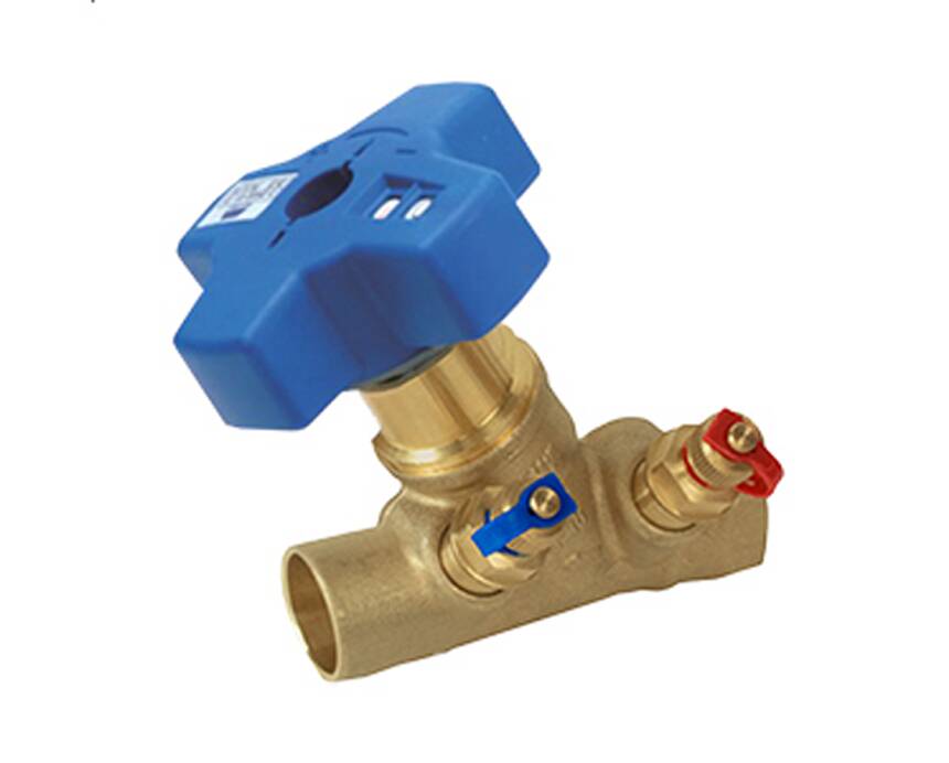 tg-swt - A brass balancing valve with a large blue handle, featuring red and blue indicators for precise adjustments, set against a plain white background.