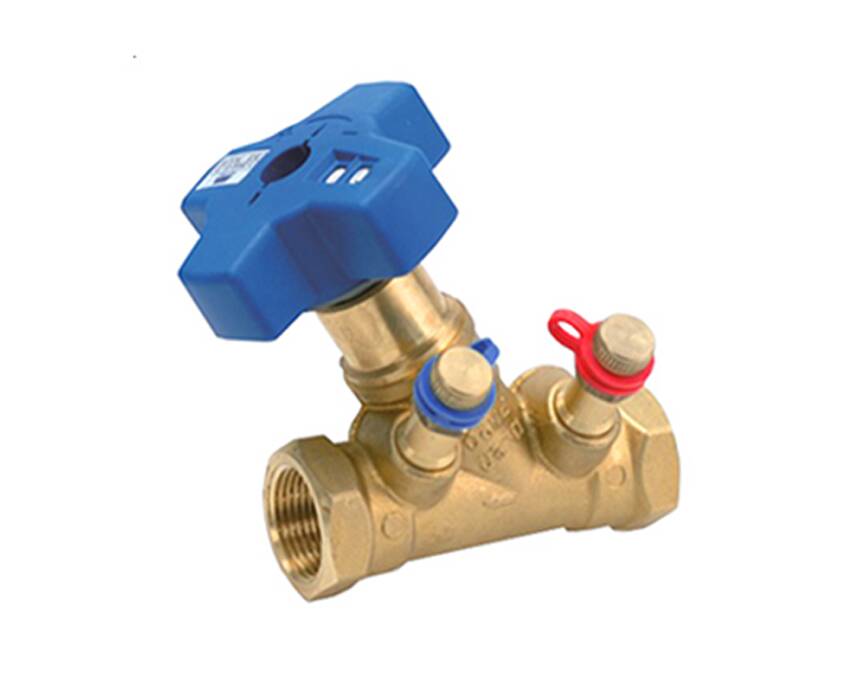 tg - Brass piping valve with a large blue adjustable handle, featuring two smaller red and blue valves for precise fluid control, against a plain background.