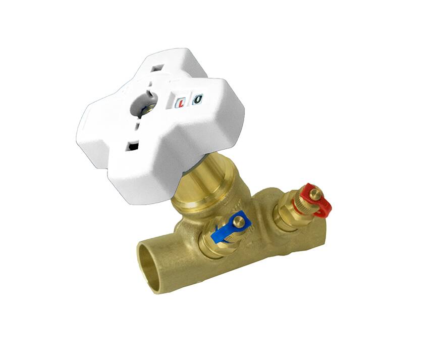 TGG - SWT - A brass valve with a large white handle, featuring blue and red adjustment controls, used for regulating fluid flow in plumbing systems.