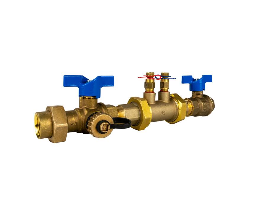 TRAA-BFF-Q - A brass plumbing manifold with blue T-handles, control valves, and yellow connectors is isolated on a white background, conveying a functional, industrial feel.