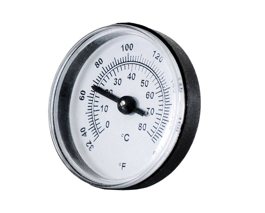 Double-Scale-Thermometer - Analog temperature gauge with a black rim displays Celsius and Fahrenheit, needle pointing at 24°C. White background, clear, functional design.