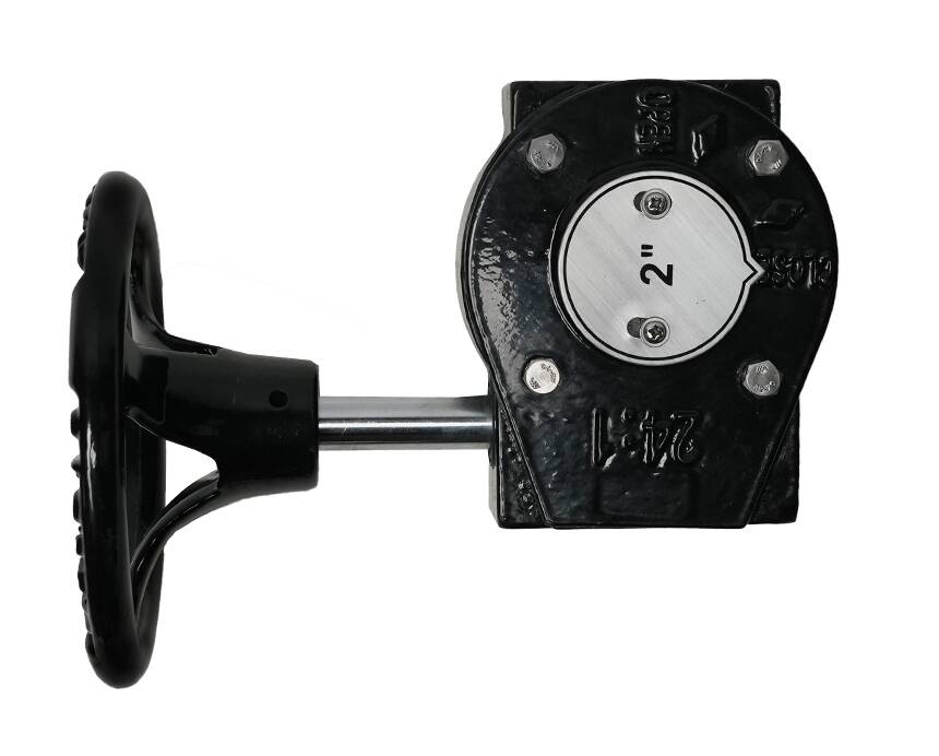 Gear Operator HPBFV - A black gear mechanism with a handle, featuring a circular center marked "2 in." The design is industrial, conveying functionality and precision.