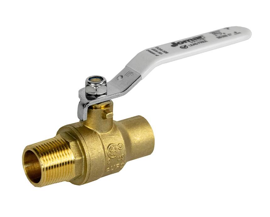 JF-100GMxC - A brass ball valve with a silver lever handle, designed for pipe connections. The valve has a sturdy appearance, indicating industrial use.