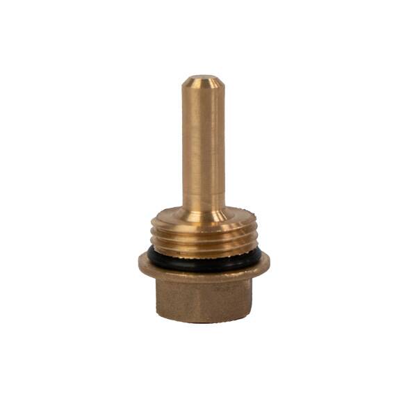 A brass valve fitting with a cylindrical stem and threaded base, featuring a black rubber gasket. It is set against a plain white background.