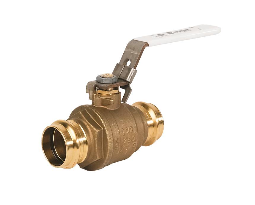 JP-100CG-LH - A brass ball valve with a cylindrical body and two open ends sits against a white background. It has a white lever handle positioned diagonally.