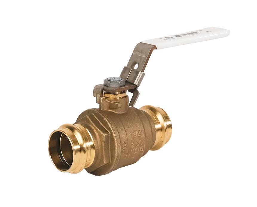 JP-100CSSG-LH - A brass ball valve with a cylindrical body and two open ends sits against a white background. It has a white lever handle positioned diagonally.