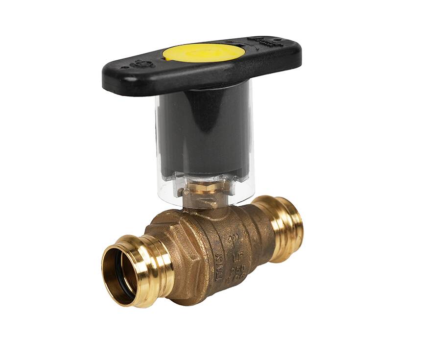 JP-100G-IH - A brass plumbing valve with a black handle and yellow center, designed for water flow control. The valve features threaded connectors on both ends.