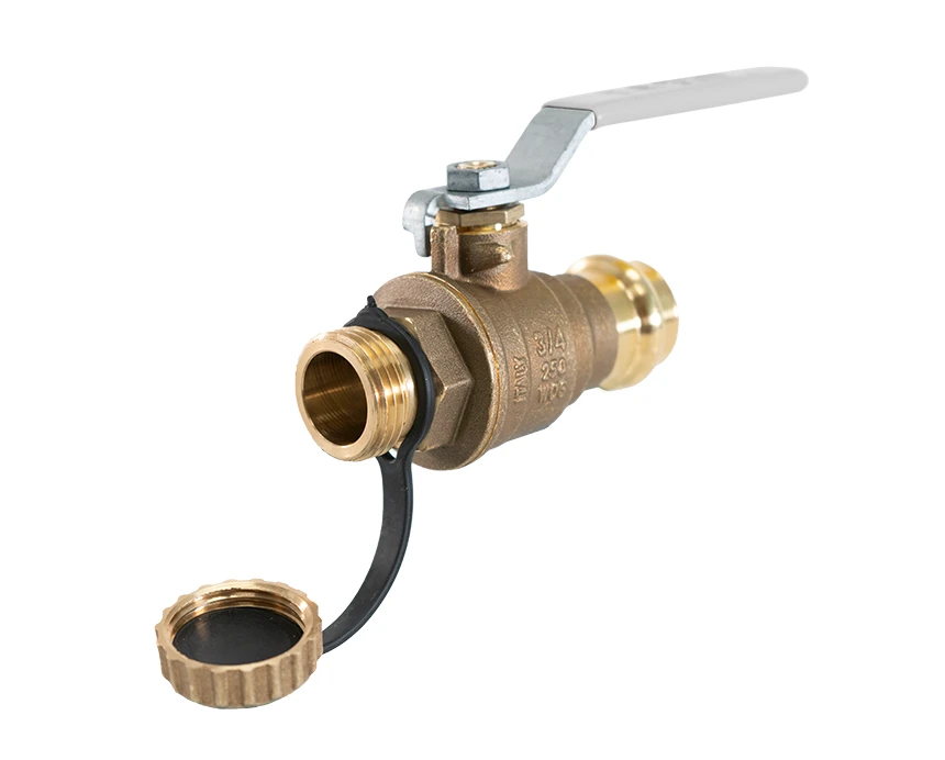 JP-100HCG-Open - Bronze ball valve with an extended silver lever handle, featuring threaded ends and a black cap attached by a rubber tether, isolated on white background.