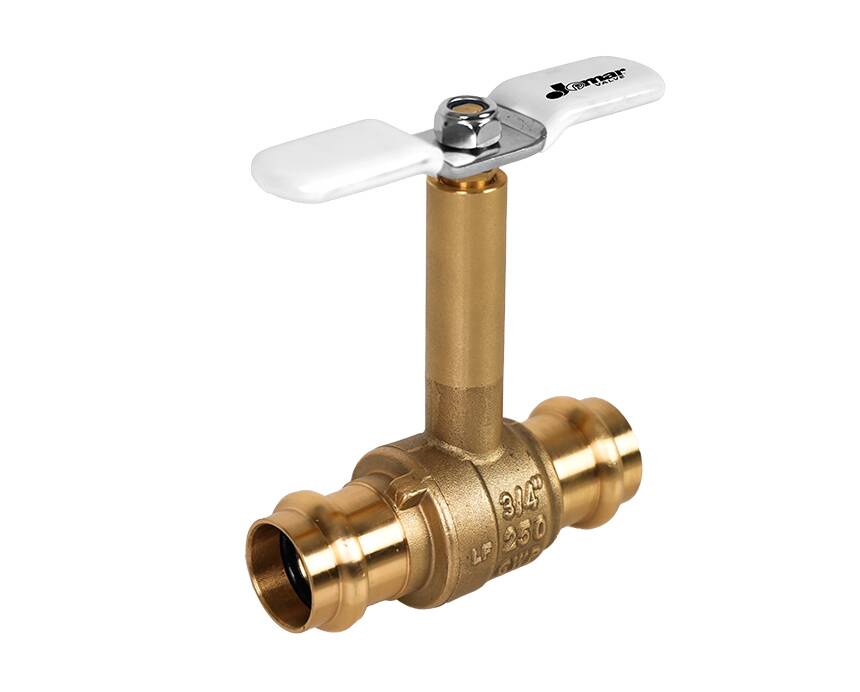 JP-150LBG - Brass plumbing valve with a T-shaped white handle, designed for controlling water flow. It has a polished finish and sturdy connectors on both ends.