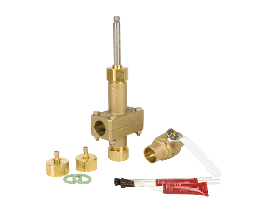 LF-AAV - A brass shower valve kit with various fittings, washers, and lubricant tubes on a white background. The setup implies plumbing installation.
