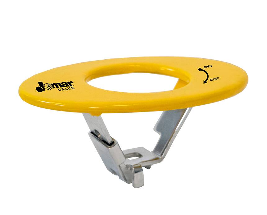 Oval Handle for JF-100 - Yellow plumbing tool with an open circular design and metal clamps. The tool is labeled "Jomar Valve" and features an open/close arrow.