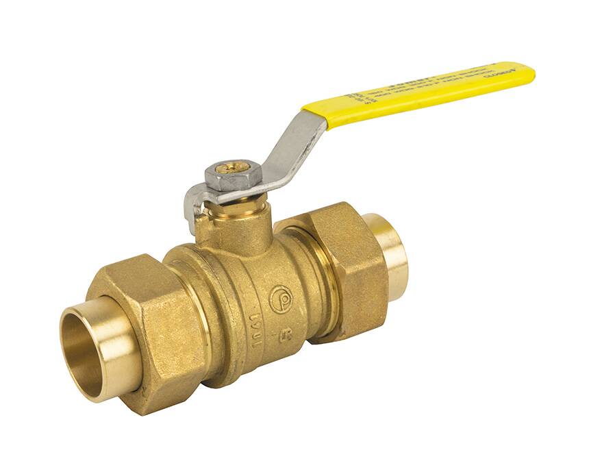 S-100-DUE - Brass ball valve with a yellow lever handle, featuring threaded ends. The valve is positioned horizontally, suggesting industrial or plumbing use.
