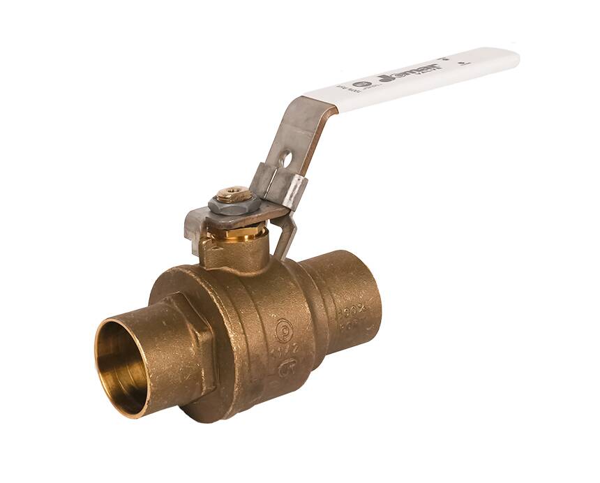 S-100CG-LH - Bronze ball valve with a long metal lever handle, set against a white background. The valve has a cylindrical shape and industrial appearance.