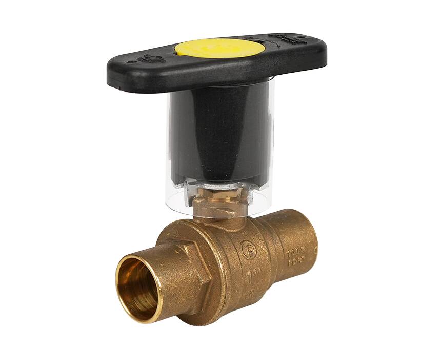 S-100CG_IH - Bronze plumbing valve with T-shaped black handle, yellow top, and cylindrical connector. Industrial design, functional and sturdy appearance.