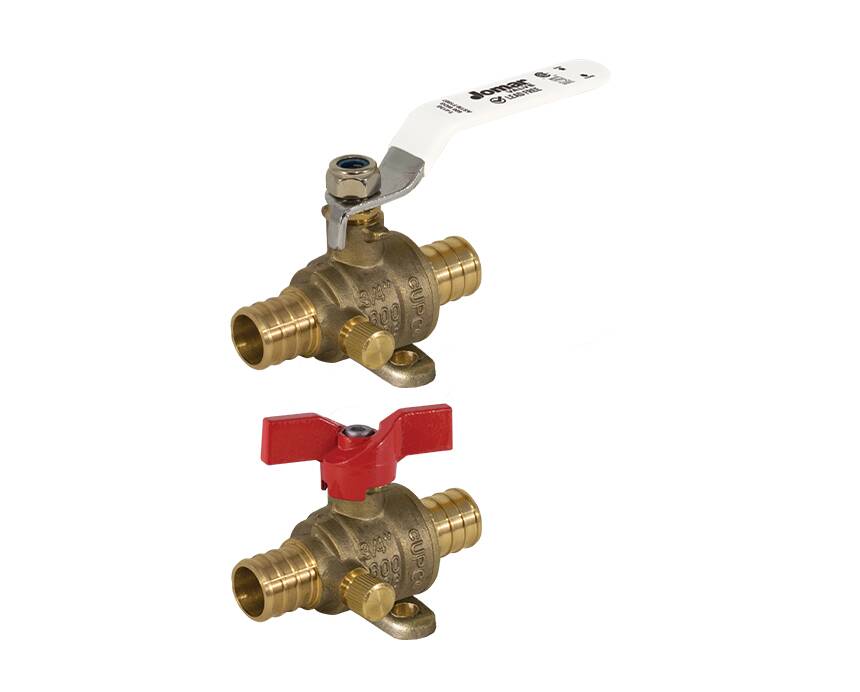 T-413G - Two brass ball valves with hose barbs. The top valve has a white lever handle, and the bottom valve features a red T-shaped handle.
