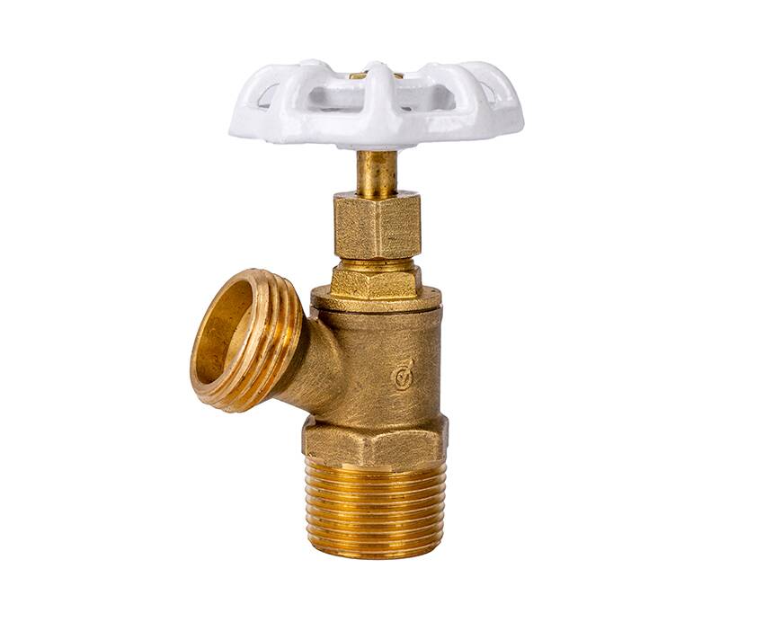 T-621G - A brass angle valve with a white plastic handle is positioned against a plain white background. The valve features threaded ends and is shown upright.