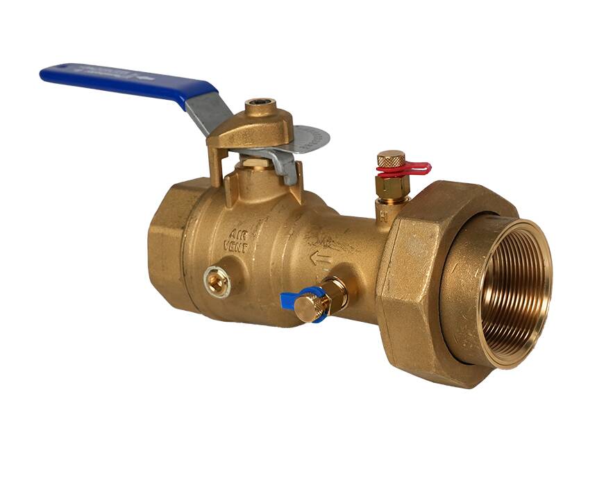 TB-FNPT - A brass ball valve with a blue handle is shown, featuring threaded connections on one side and small red and blue valves for control and release.
