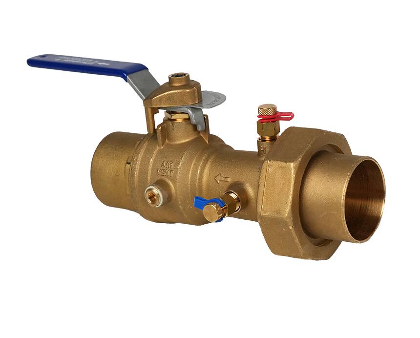 TB-SWT - A brass ball valve with a blue lever handle and small red and blue knobs for control, set against a plain white background.