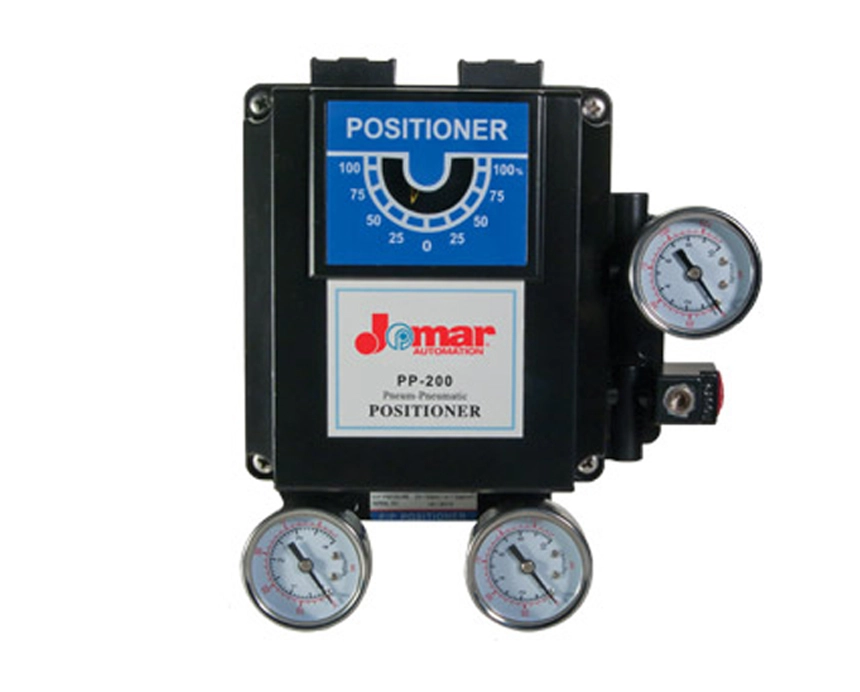 Industrial positioner device with a black body, three pressure gauges, and a blue display marked 'Positioner.' Labeled 'Jomar PP-200 Positoner.'