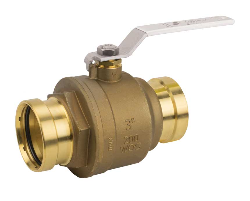 jp-100ssg-xlc - Bronze ball valve with shiny metallic handle and 3-inch connection size, marked "200 WOG." The industrial tone suggests durability and functionality.