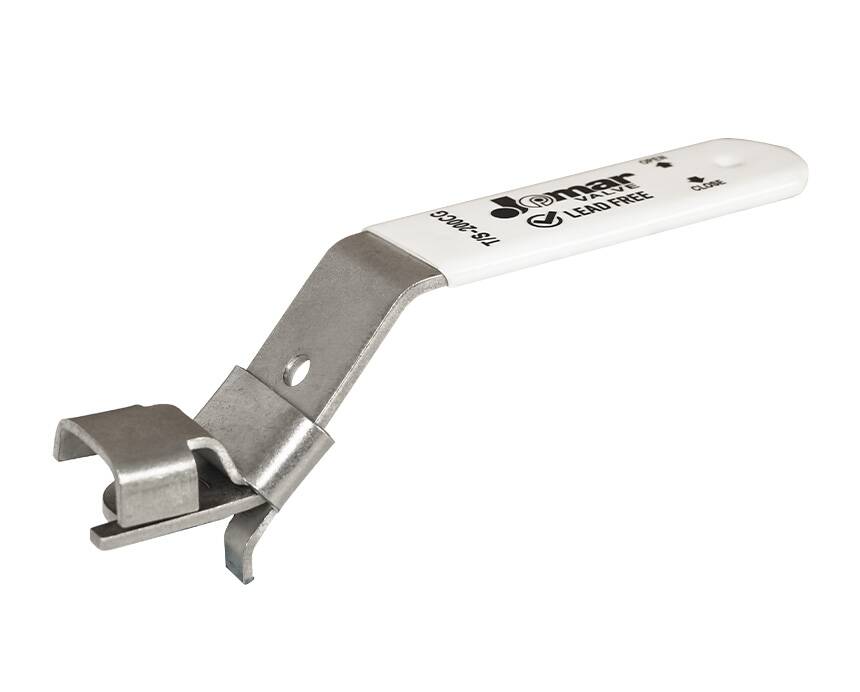 locking-handle-bronze-lf - Metal paint can opener with a white plastic handle featuring black text and logos, showcasing a functional, utilitarian design.