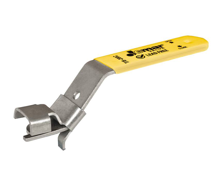 locking-handle-bronze - Metal paint can opener with a yellow plastic handle featuring black text and logos, showcasing a functional, utilitarian design.