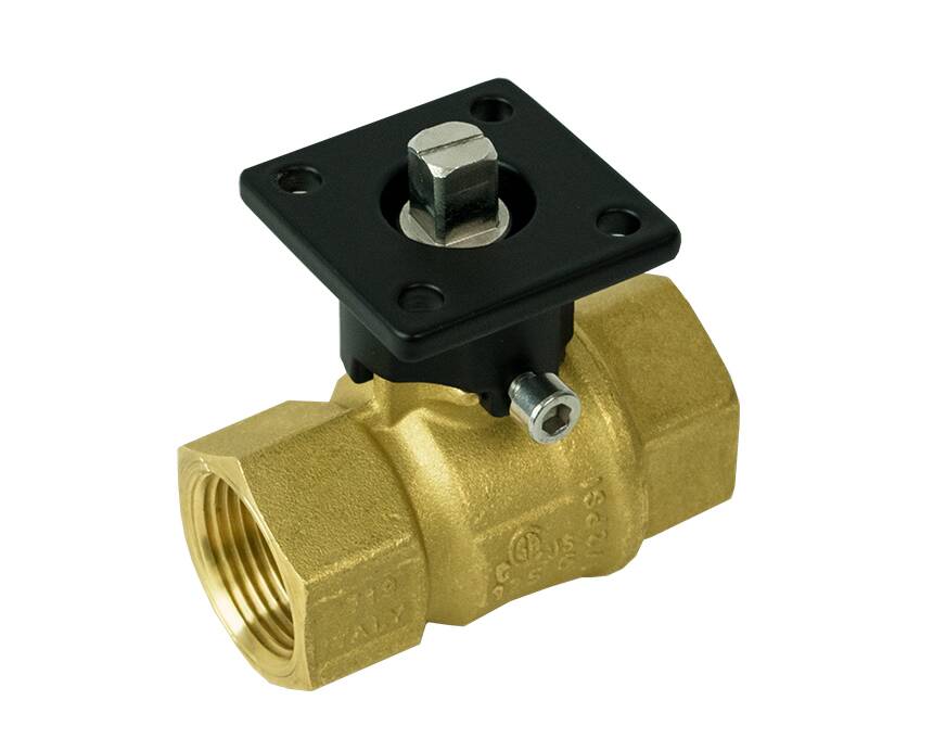 Brass motorized ball valve with threaded ends and a black actuator mount on top, set against a plain white background.