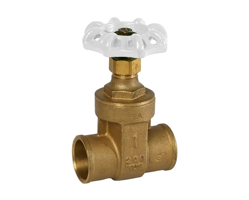 s-301g - A brass gate valve with a white, wheel-shaped handle is shown on a plain background. The valve appears sturdy and functional, indicating utility.
