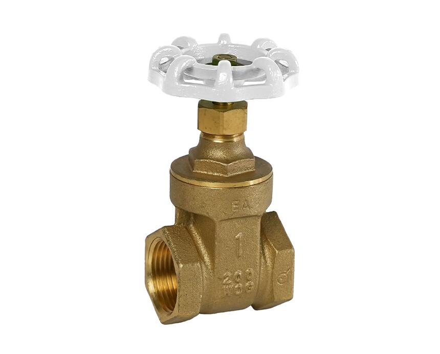 t-301g - Brass gate valve with a white, round handle, featuring a threaded connection. The valve's industrial design conveys functionality and durability.