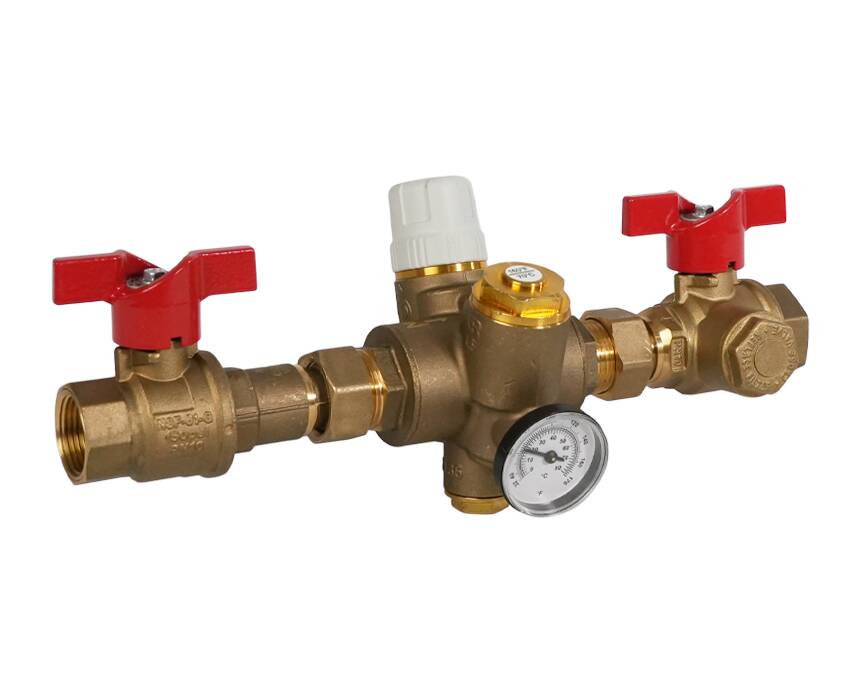 tb-130mfg - A brass pressure valve with a white adjustment knob, two red shut-off handles, and a round pressure gauge. The industrial design suggests functionality.