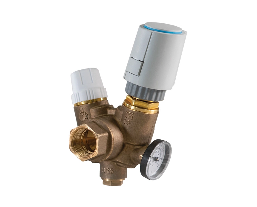 tb-150g - A brass thermostatic valve with two grey dials and a small gauge on a white background, used for regulating temperature in plumbing systems.