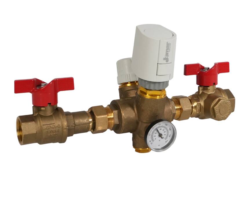 tb-150mfg - Three-way brass mixer valve with two red-handled valves and a pressure gauge, set against a white background, conveying functionality and precision.