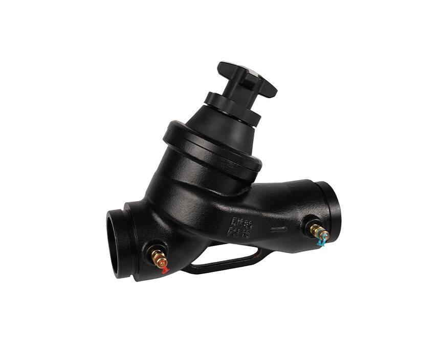 tg-grooved - Black Y-strainer valve with two outlets, designed for plumbing systems. It features a handle on top for adjusting flow and colored indicators on each side.