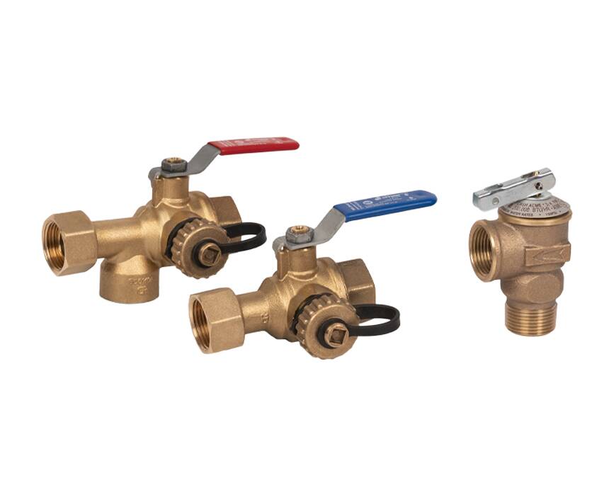 twv-3w-kit-g-compact - Brass plumbing valves with colored handles; two have lever handles in red and blue, one with a hexagonal top. Used for water control systems.